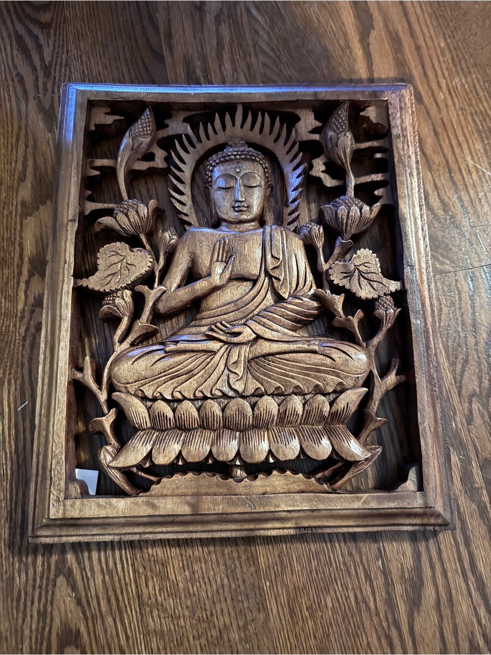 Carved Wooden Buddha Wall Panel - Brown